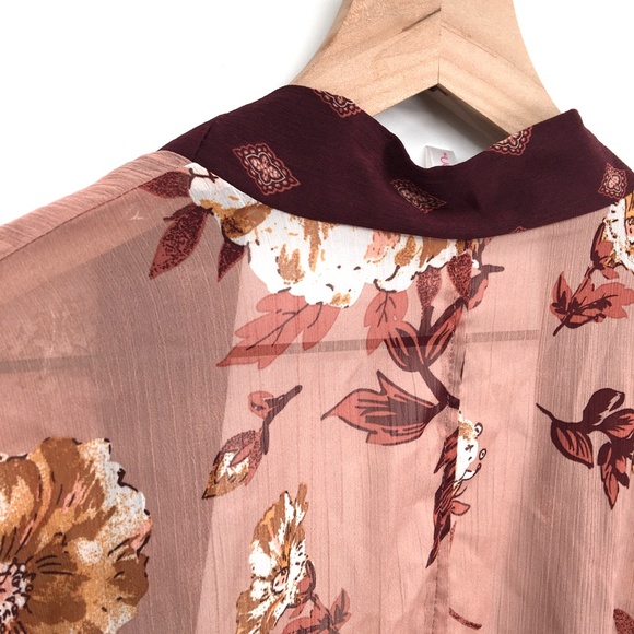 Xhilaration kimono floral dusty rose fall autumn sheer top boho robe M L women's - Picture 11 of 12